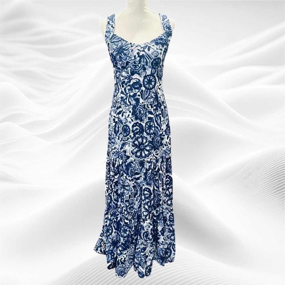 Lauren Ralph Lauren Sleeveless Maxi Dress Sz 4 Ikat Blue White Beach Island